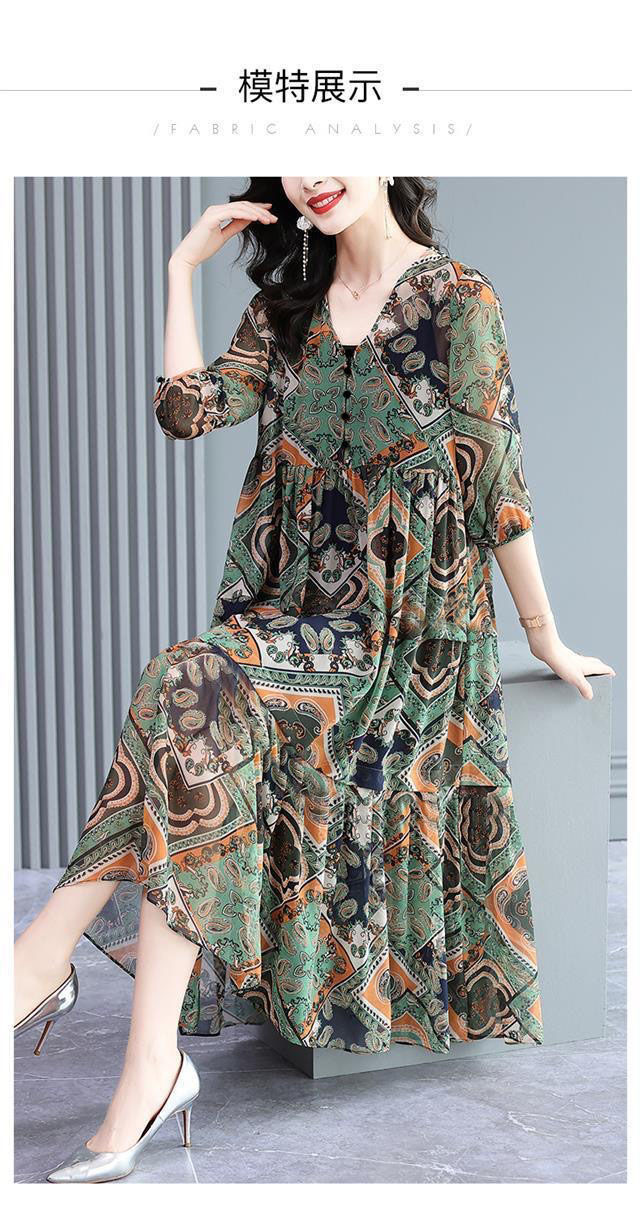时尚气质中老年女装2023夏季新款大码宽松显瘦复古印花短袖连衣裙详情6