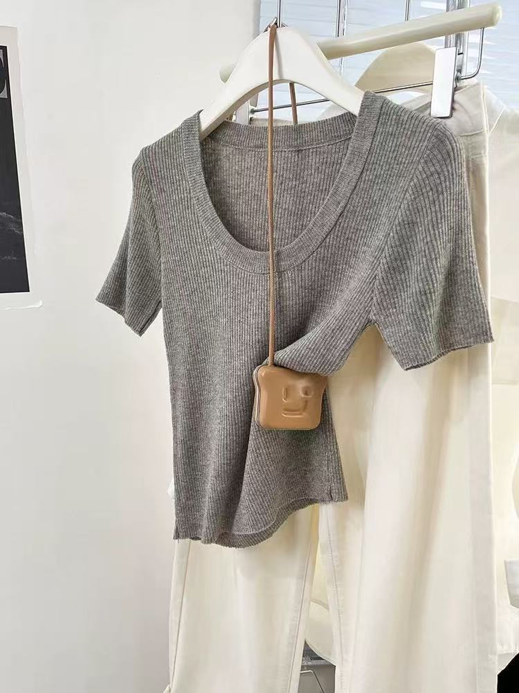 In 2025, a Korean-style U-neck off-the-shoulder knitted short-sleeved sweater for women, a thin solid color versatile spring short top for women pic 1