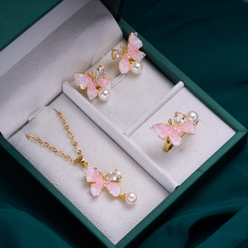 Pearl ring, earneedle pendant, three-piece set, empty stand, four-petal flower, white butterfly shell design, high-end DIY light luxury earrings pic 9