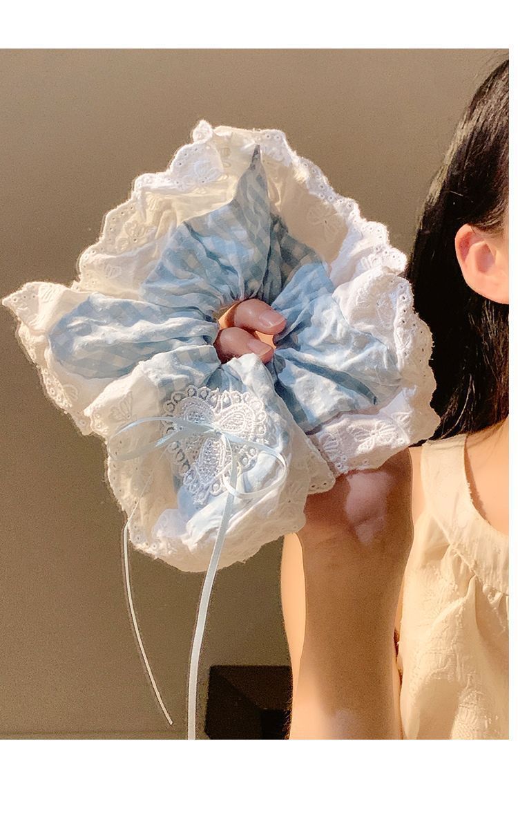 海盐泡泡蓝色格子蝴蝶结蕾丝大号发圈女韩系夏季超大头绳发饰头饰详情10