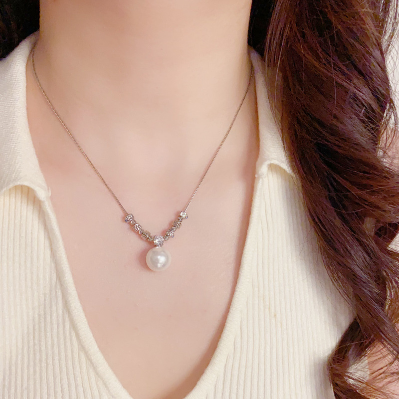 法式轻奢时尚高级感金属镶钻方块珍珠吊坠项链气质简约百搭锁骨链详情6