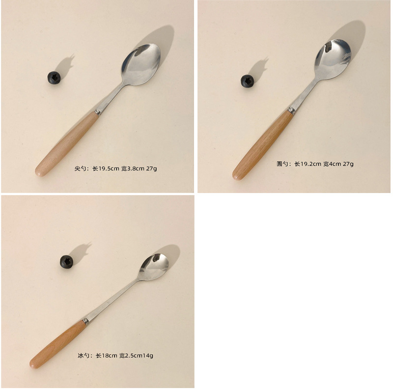 跨境日式不锈钢牛排刀叉勺子创意木柄甜品小勺小叉水果叉西餐餐具详情4