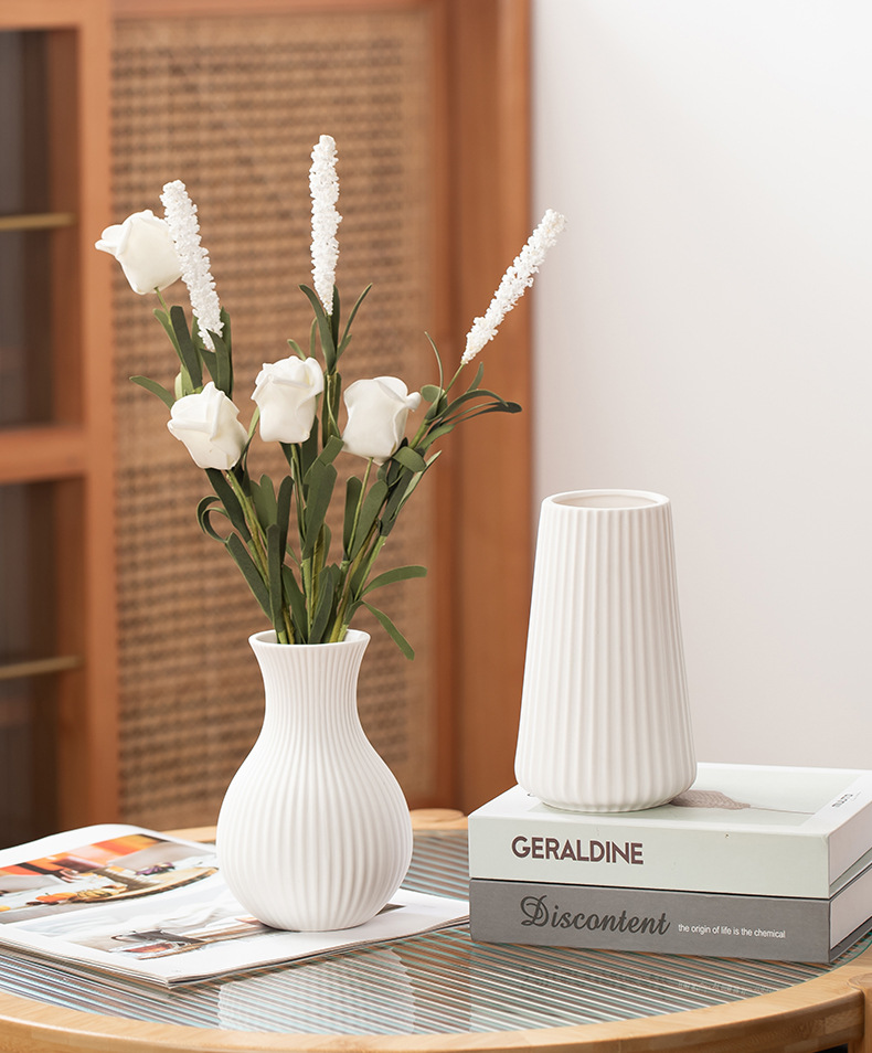 2026 Nordic ins Ceramic Vase, white frosted striped small flower vase, simple home living room artificial flower art display pic 6