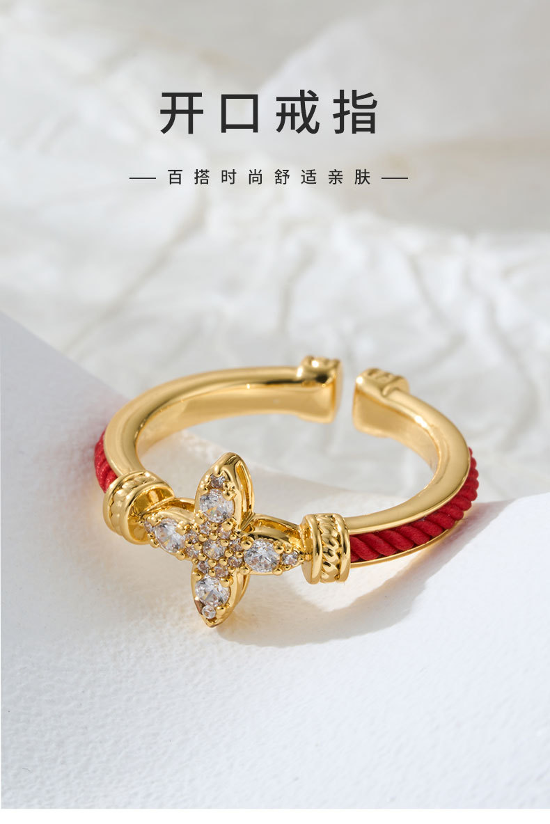 Original design: Red string starlight open ring, copper alloy, real gold electroplated with zircon, adjustable index finger ring pic 4