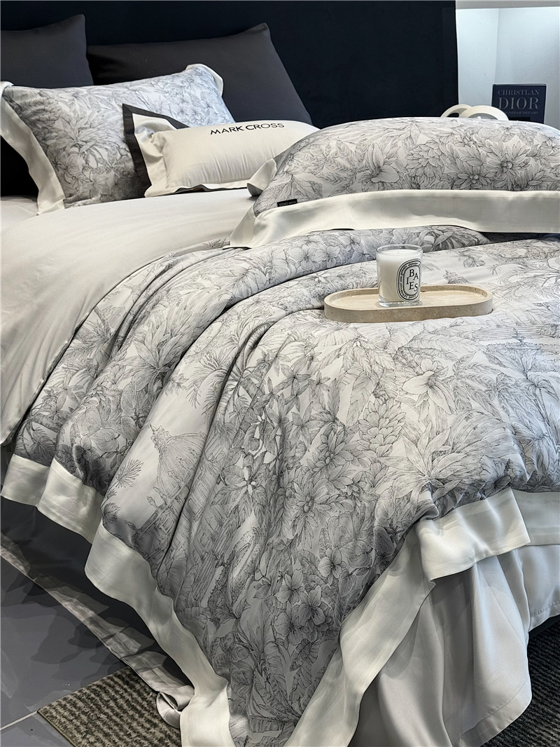 Cool ultra-fine denier Tencel summer light and cool condensation filament four-piece set, elegant printed sweat-absorbing nude bedding pic 53