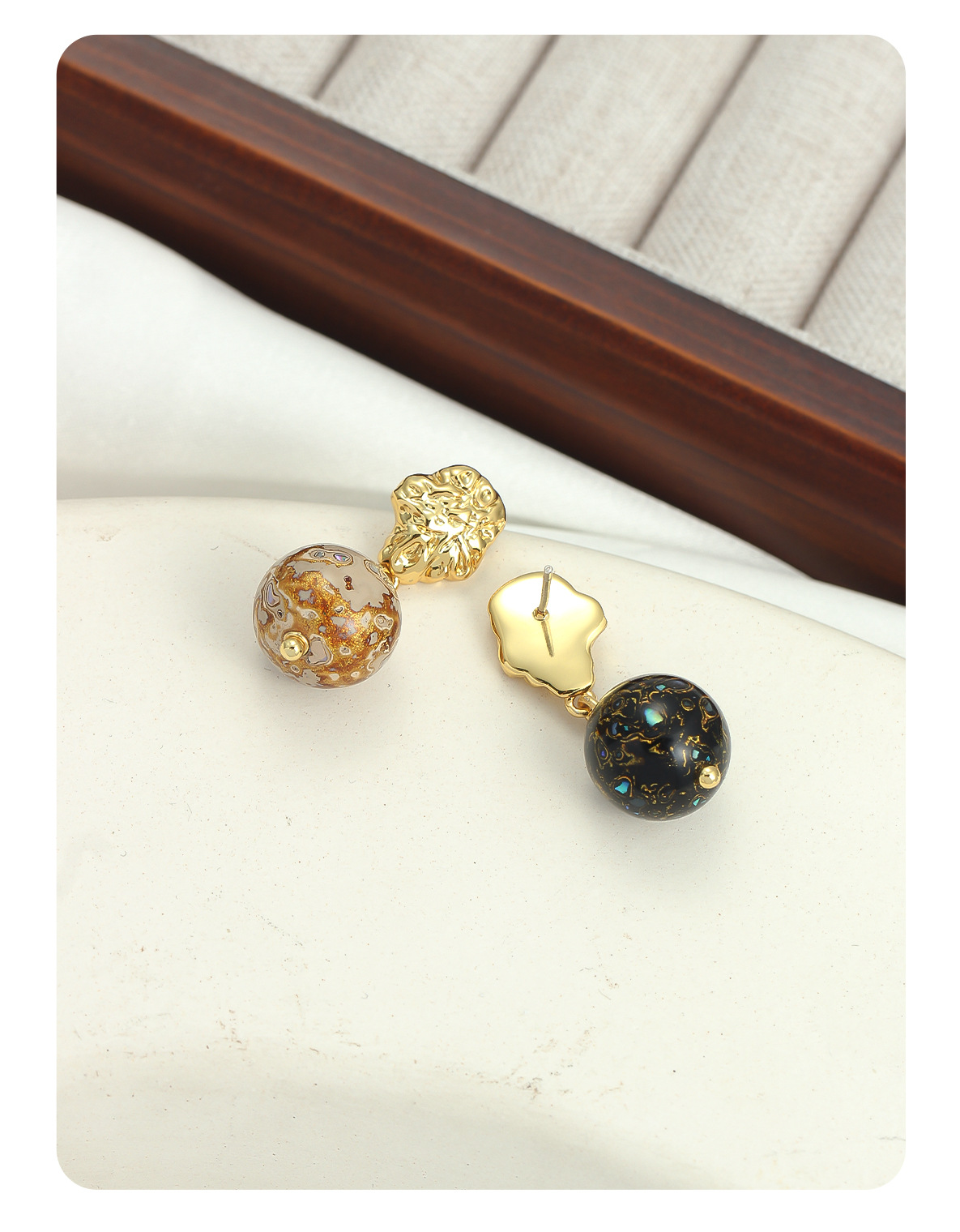 非遗大漆珠新中式耳钉不对称简约复古925银针小众设计高级感耳钉详情9