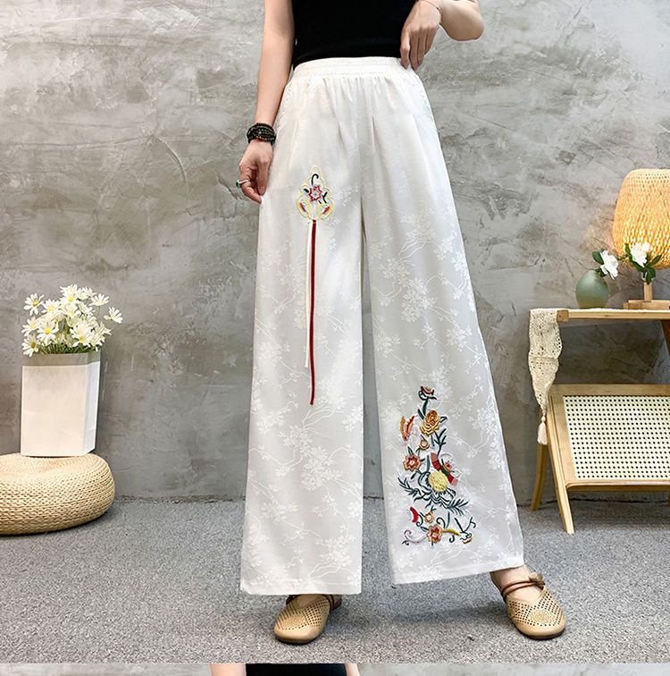 国潮绸面提花新中式民族风阔腿裤国风文艺刺绣花高腰休闲宽松长裤显瘦详情16