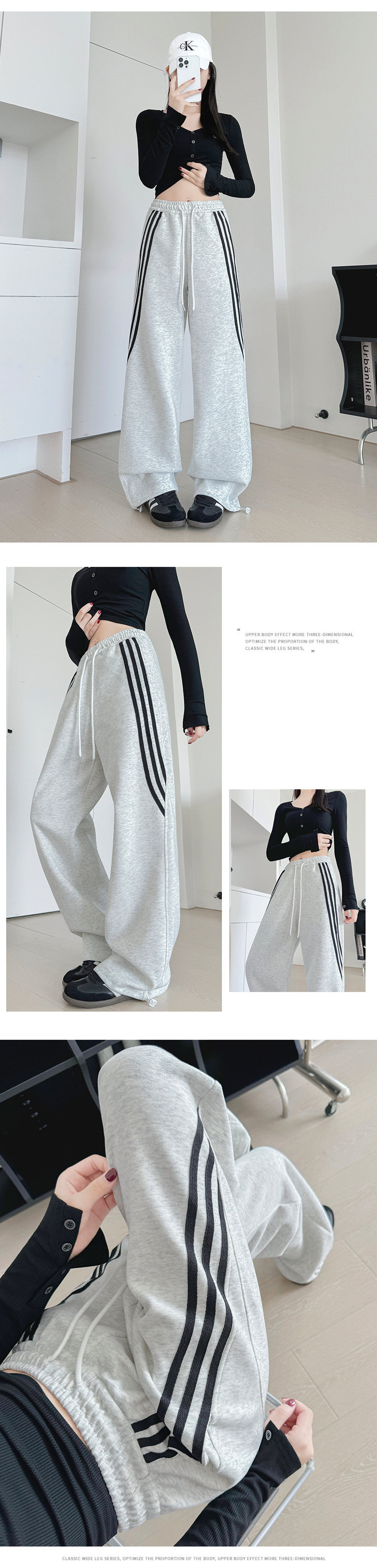 New grey striped sportswear pants for women in autumn and winter, slimming wide-leg sweatpants, loose high-waisted straight-leg casual fleece pants pic 12
