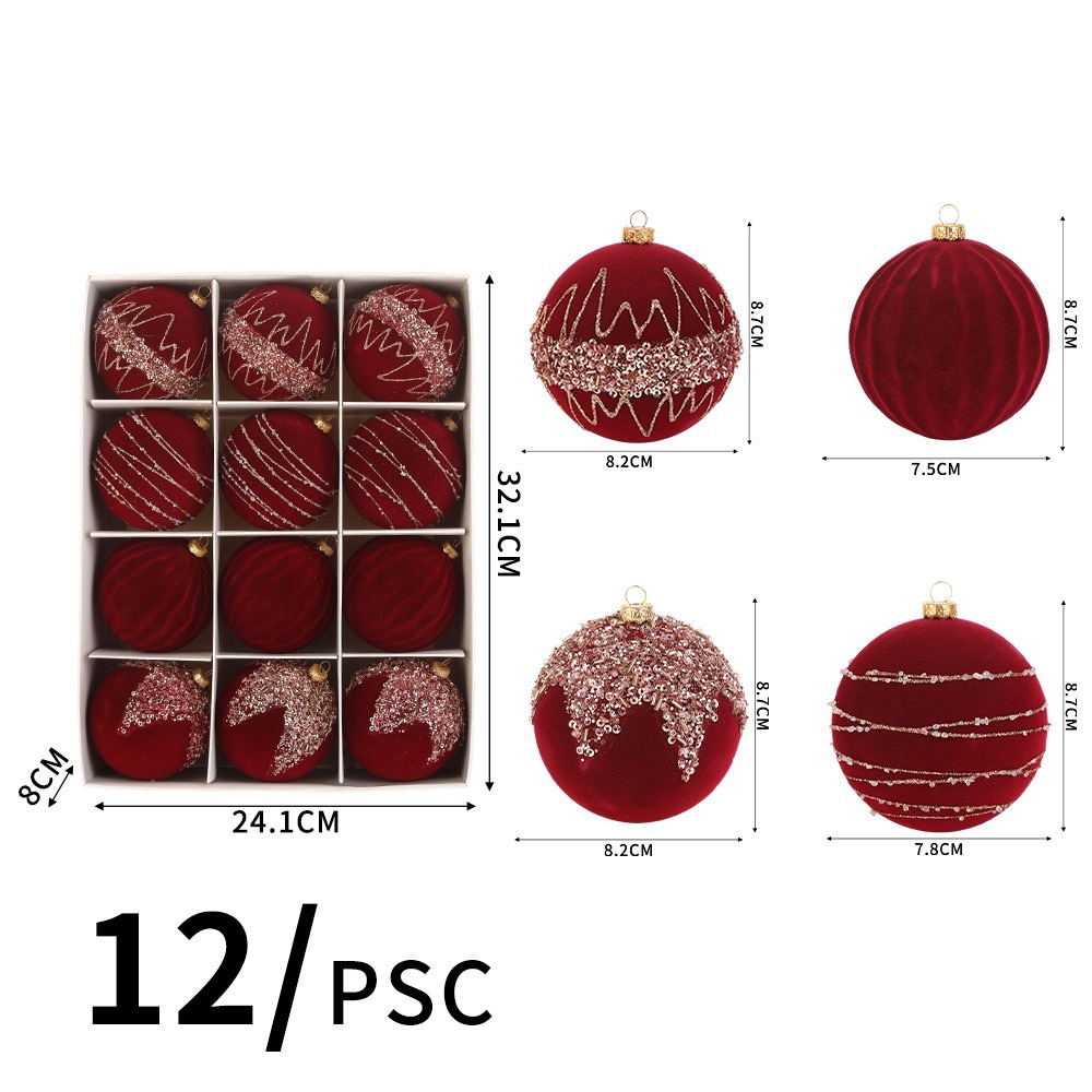 Amazon 8CM flocado bola de navidad árbol de navidad colgante de plástico pintado bola de terciopelos decoraciones de navidad al por mayor pic 1