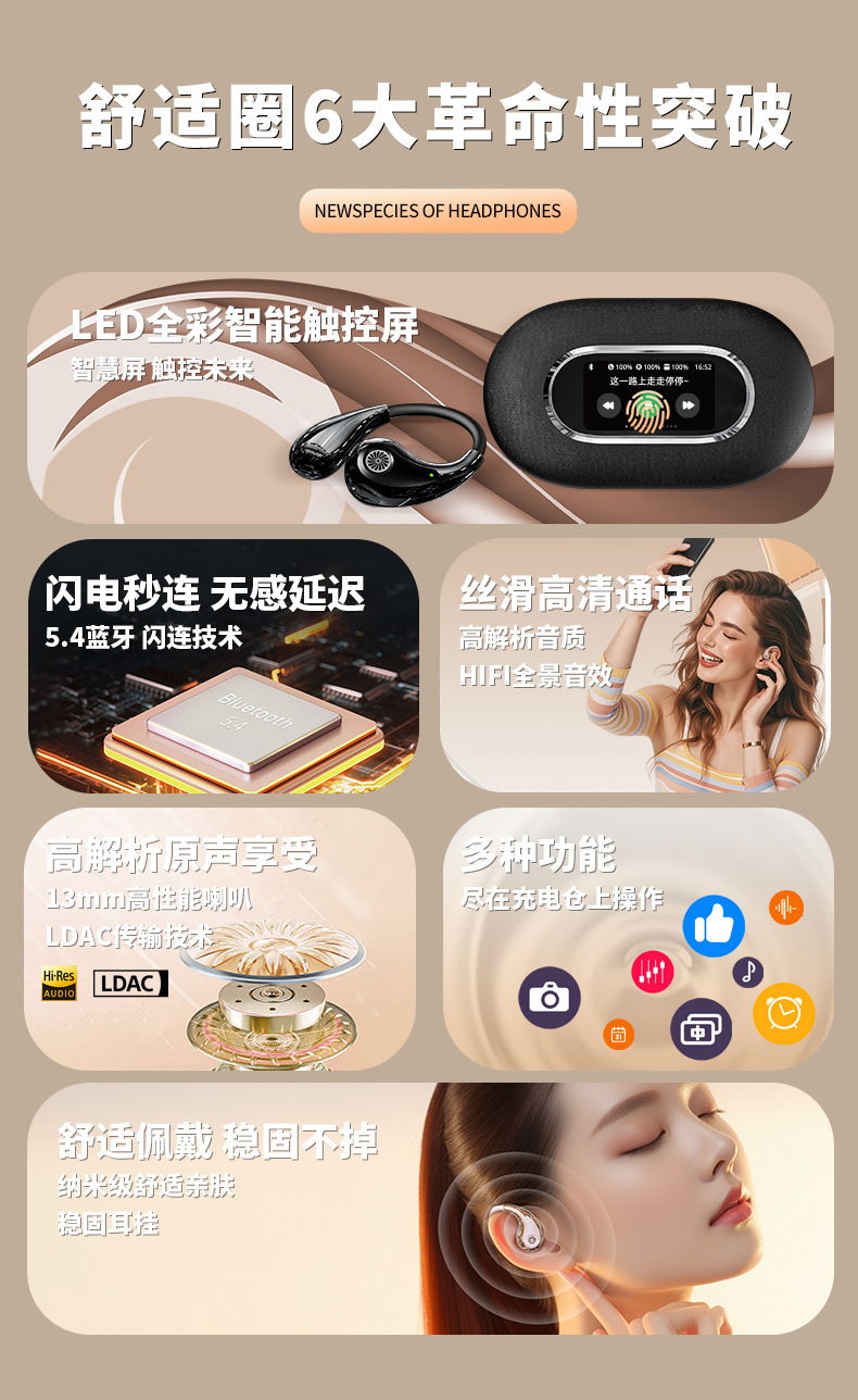 YX43挂耳无线蓝牙耳机OWS智能ENC降噪超长续航彩屏歌词显示多语言详情4