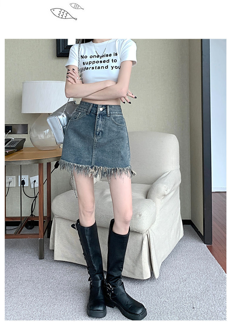 复古a字牛仔短裙女小众设计感2025夏季高腰流苏毛边包臀裙带内衬详情3