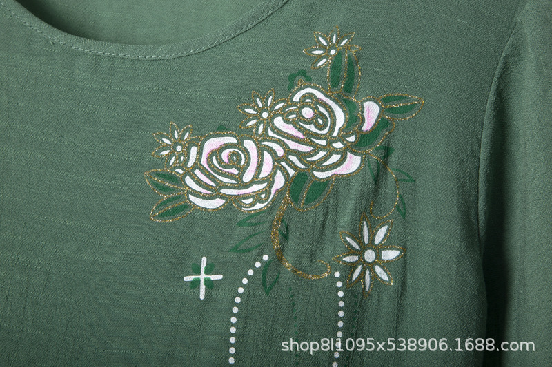 夏季透气套装女式两件套薄印花二件套妈妈装棉麻印花宽松舒适T恤详情10