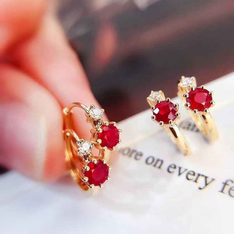 Feiyu retro, simple and exquisite red and blue zircon crystal earrings, fashionable and elegant for women, small silver and gold earrings pic 3
