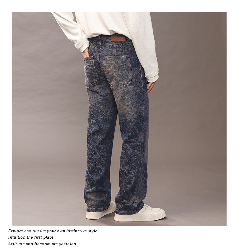 Trendy wavy straight-leg jeans for men, high street washed slightly loose long pants for men 2025 pic 3