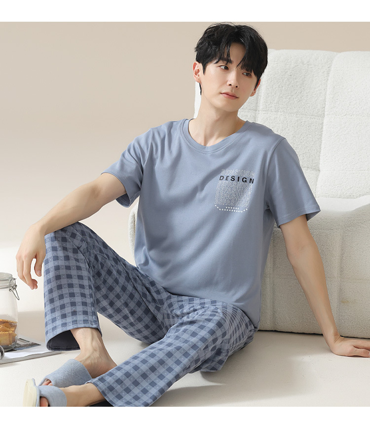 Summer pure cotton pajamas for men, cartoon casual short-sleeved shirts and long pants, pure cotton comfortable home wear, summer youth student set pic 139