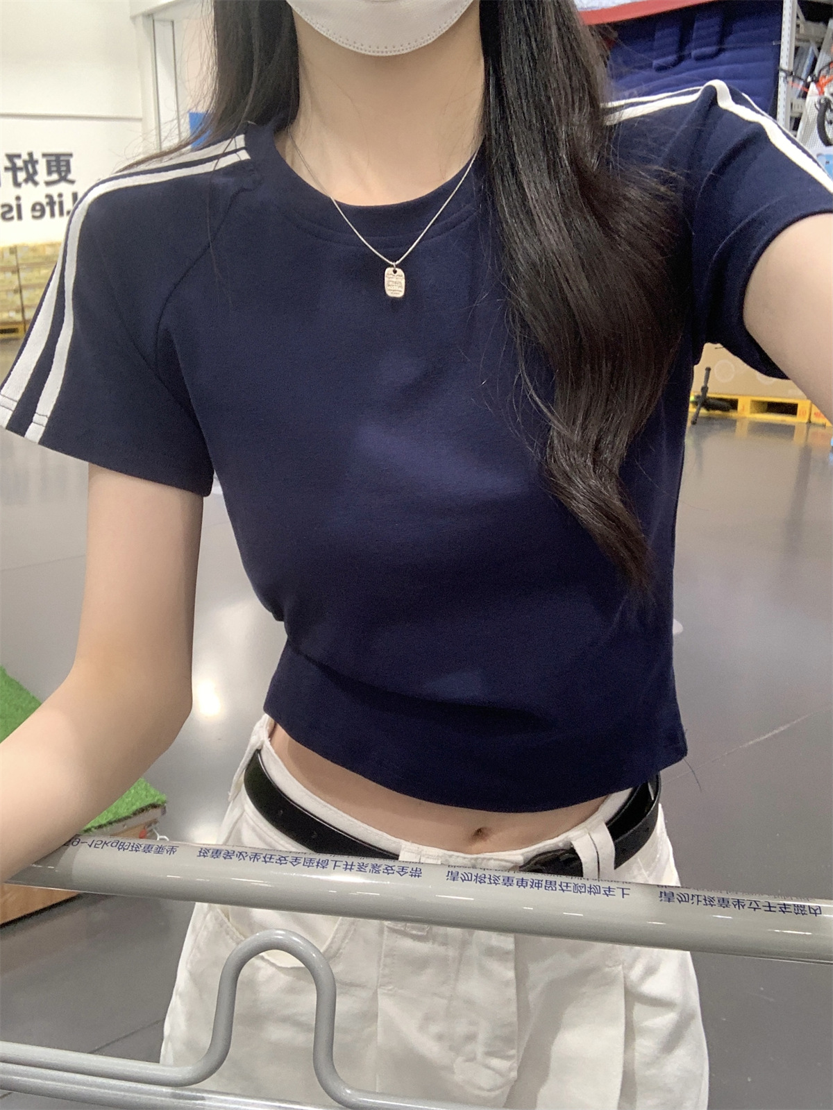 美式2024夏季新款韩版圆领修身插肩杠条显瘦百搭短袖T恤女装上衣详情8