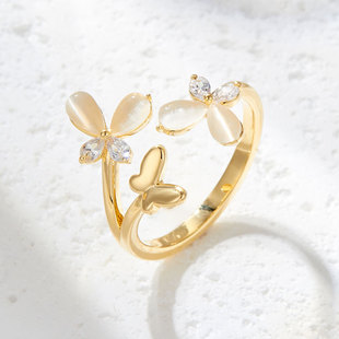 A light luxury and high-end lace-trimmed butterfly pearl open ring, copper alloy inlaid with zircon, adjustable index finger ring pic 6