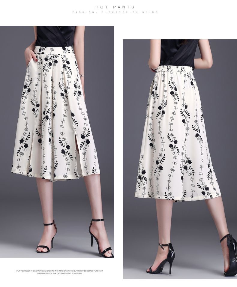 Black and white printed caprix pants for women, summer thin chiffon split skirt pants, loose casual pants, high-end ice silk wide-leg pants pic 13