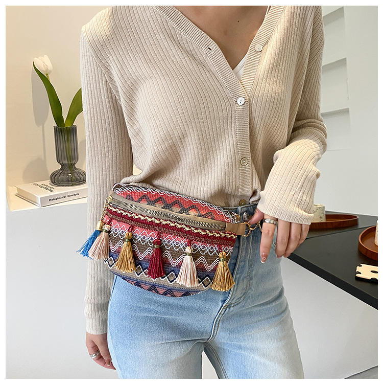 国潮民族风撞色流苏包包女新款编织个性复古彩带腰包斜挎详情20
