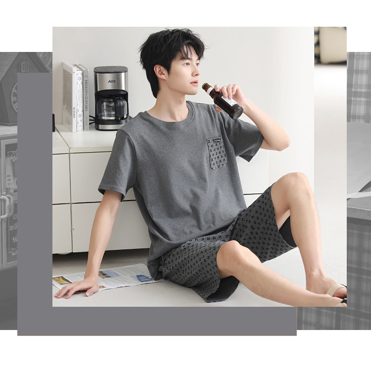 100% pure cotton summer pajama set for men, thin home wear, short sleeves and shorts, simple and casual, all-cotton, suitable for outdoor wear pic 3
