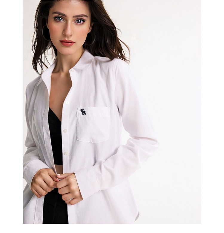 定制跨境女装牛津经典刺绣小麋鹿图案女装春秋百搭通勤衬衫绣花详情3