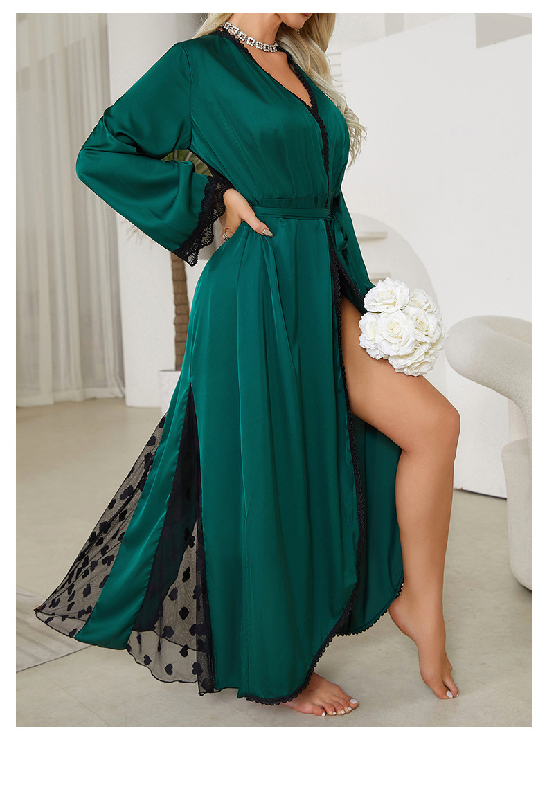 New cross-border light luxury long-sleeved V-neck satin lace patchwork long bathrobe, bathrobe and home wear for women, 657 pic 24