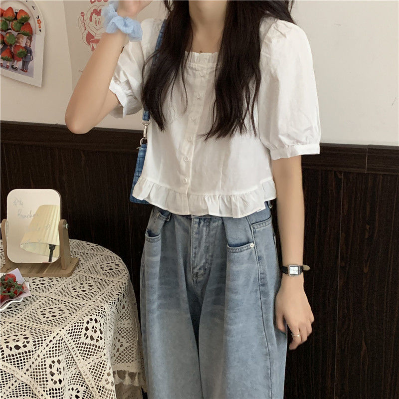 短袖衬衫女设计感小众夏季法式甜美减龄短款上衣方领小个子娃娃衫详情21