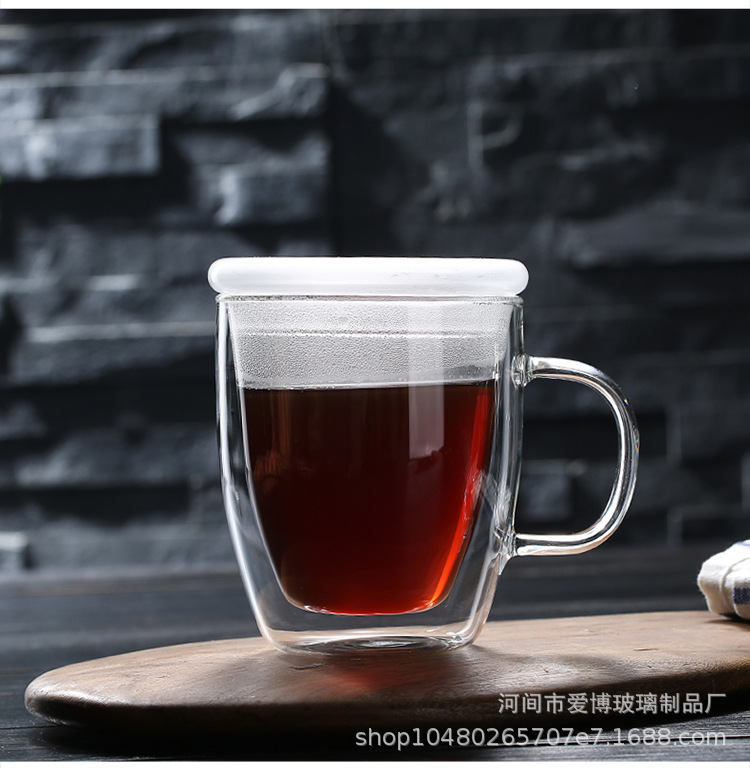 现代简约带把透明玻璃茶杯 马克杯咖啡杯果汁杯 双层隔热玻璃杯详情22