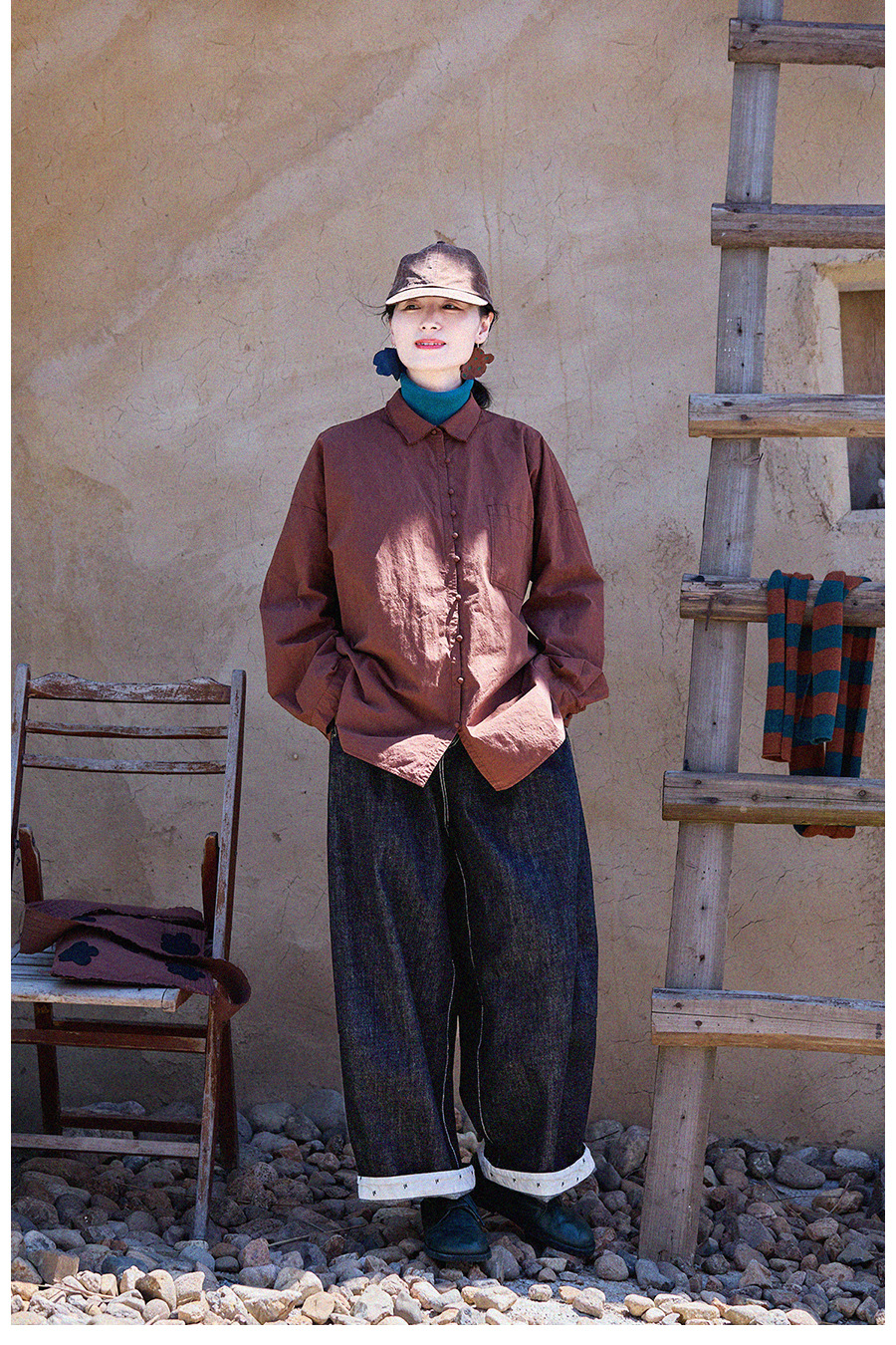 New autumn and winter style, artistic and retro original hazelnut red-brown cotton casual top, high-density, slightly elastic loose shirt for women pic 43