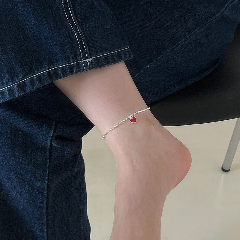 925纯银红色爱心脚链女日韩国简约手工圆珠脚镯学生闺蜜配饰详情14