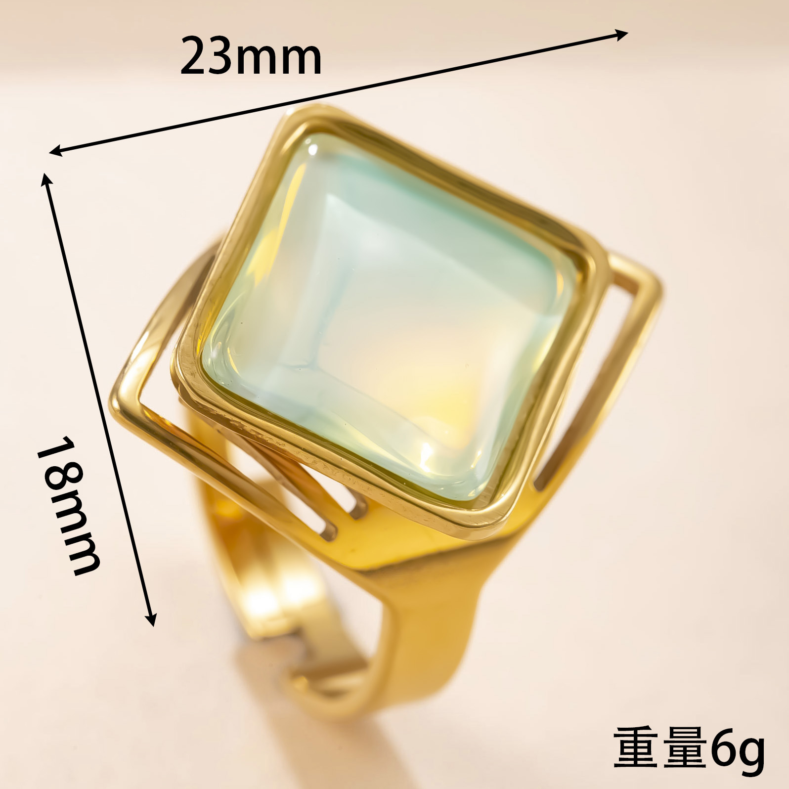 跨境热销钛钢饰品轻奢中古风开口戒指油压方形天然石不锈钢戒指厂详情4