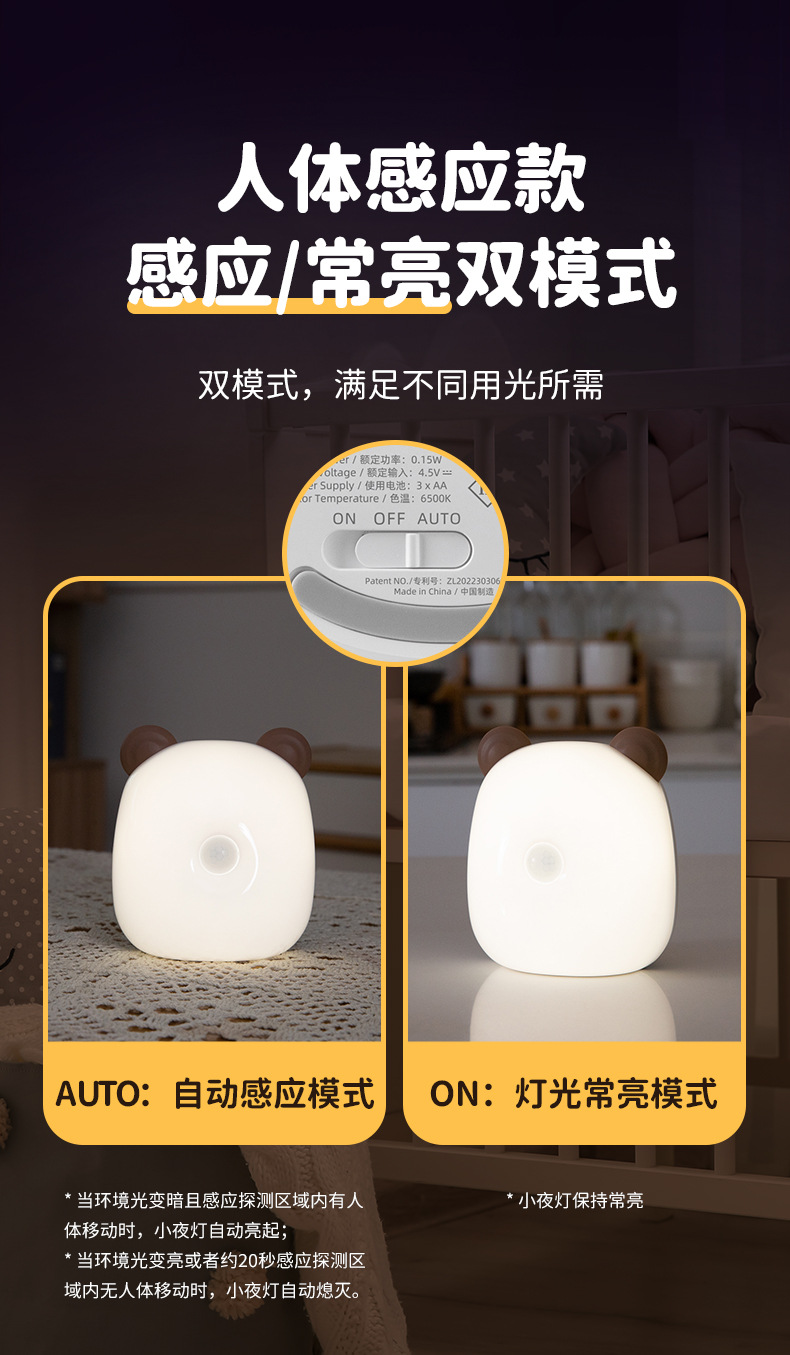 Wholesale export of battery-powered smart cartoon human body sensor night light for baby feeding, eye protection, weak light bedroom sleep light pic 5