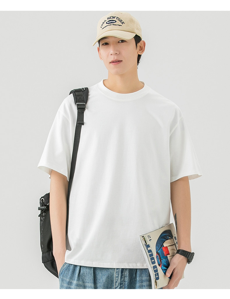 夏季230G纯棉宽松短袖t恤男 代发水云棉纯色男女同款上衣打底衫潮详情9