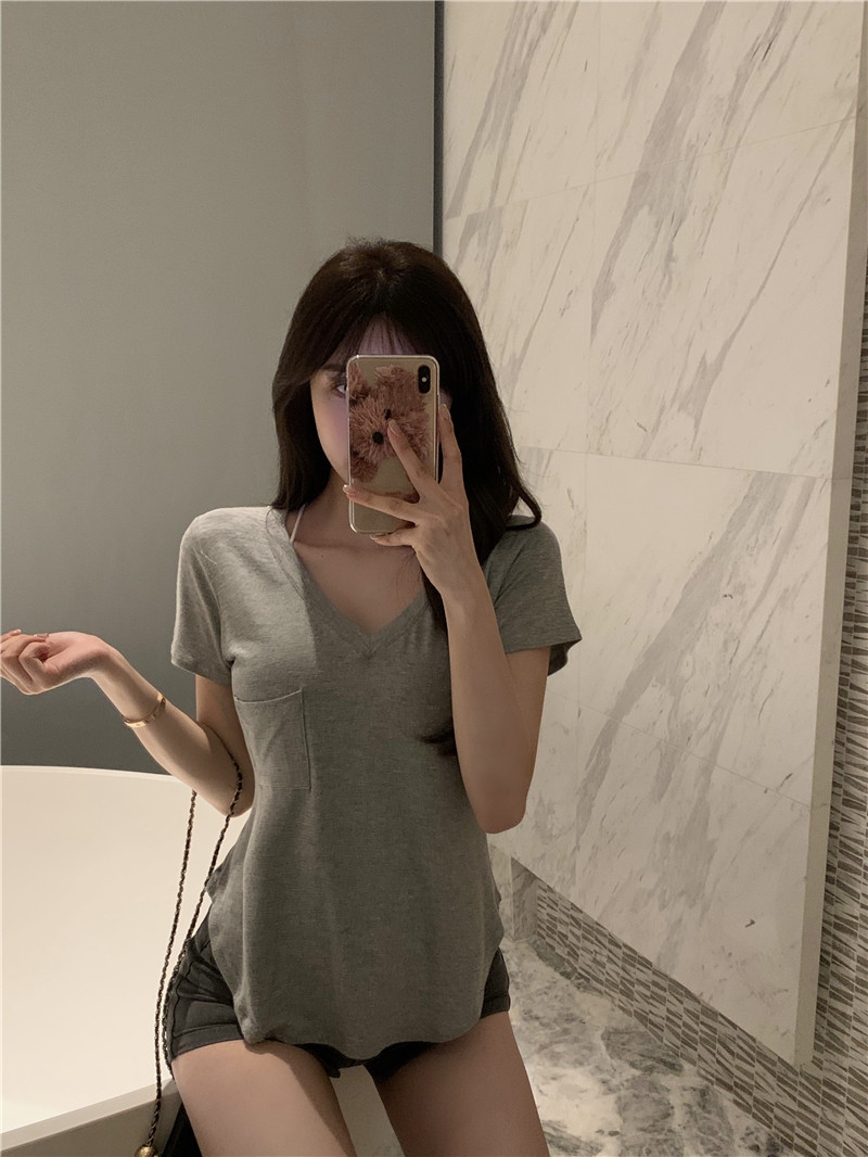 T恤女2024夏季新款v领设计感内搭打底衫不规则辣妹欲风短袖上衣详情10