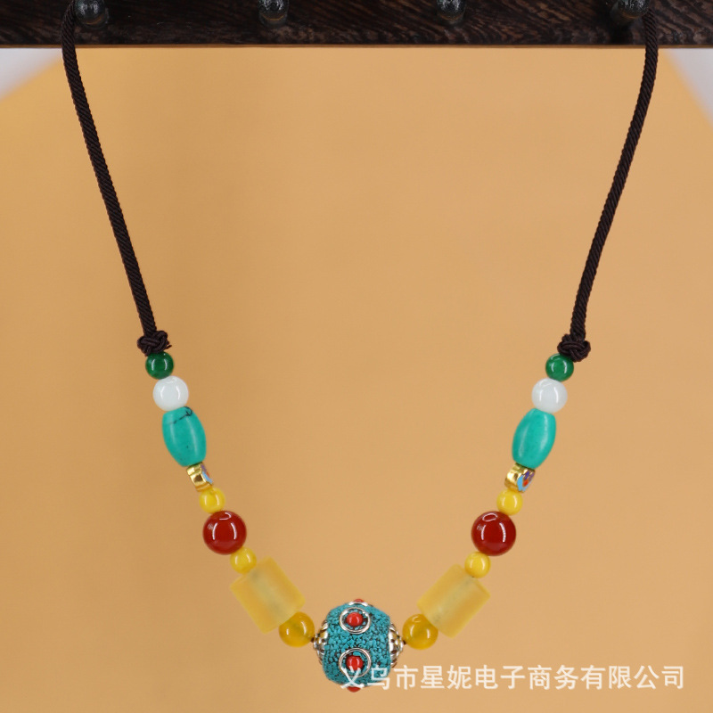 Retro handcrafted ethnic style Tibetan short necklace, feminine and individual Nepalese amber accessory pendant, collarbone chain pic 5
