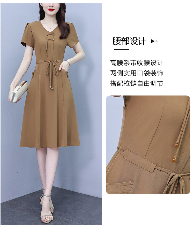 新中式V领连衣裙女2024夏季新款气质中长款收腰显瘦中年妈妈裙子详情10