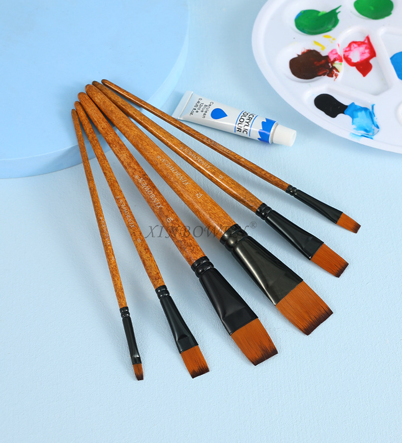 Wood grain stem flat-peak nylon brush oil painting brush, aluminum tube acrylic single-barrel painting brush, art studio watercolor pen wholesale pic 12