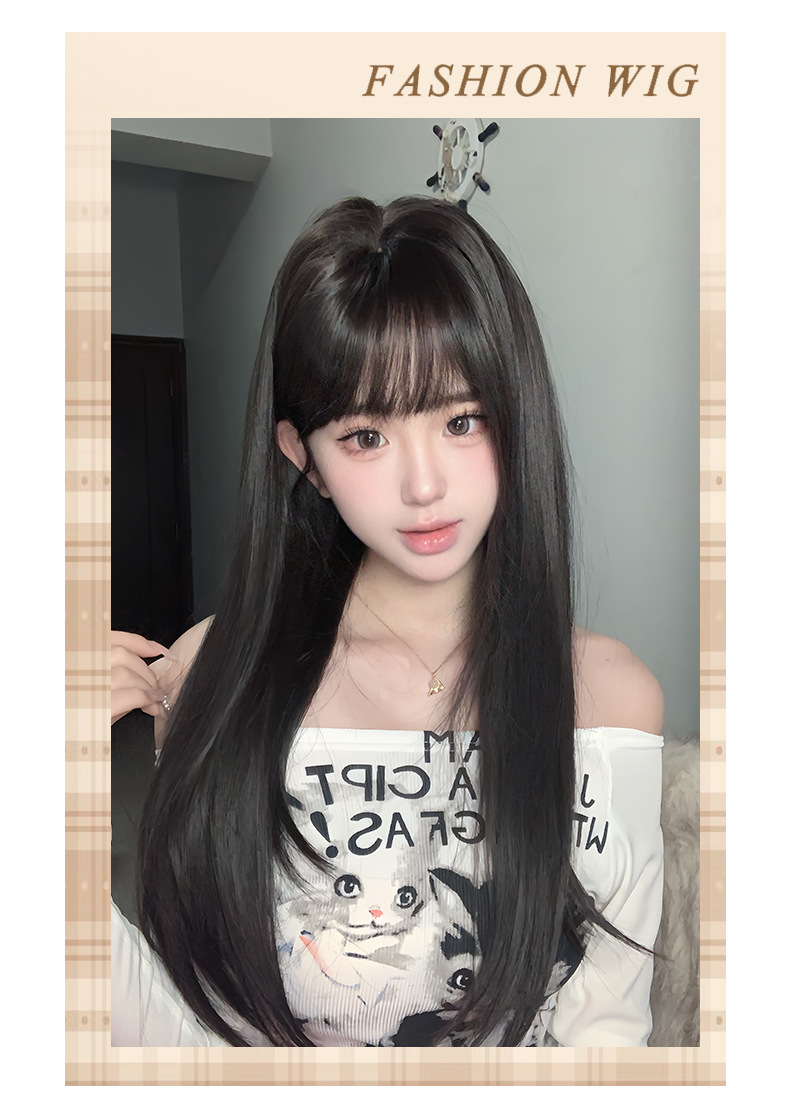 Wholesale of full-length headsets for trendy girls with fake black hair, long straight lines, natural fluffiness, and simulated bangs pic 12