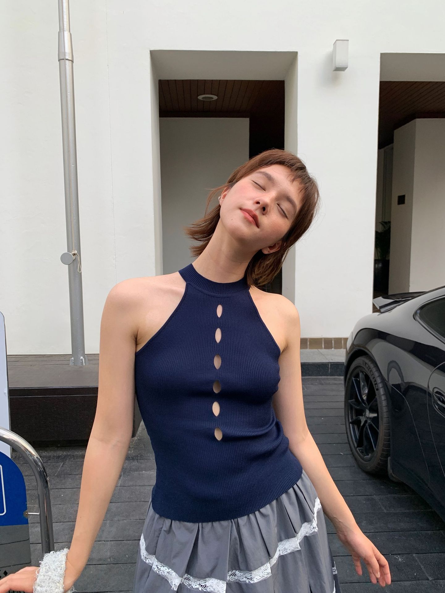 UNITY MODE Sweet and cool Tencel cut-out stand-up collar vest for summer girls, slimming and form-fitting sweater pic 11