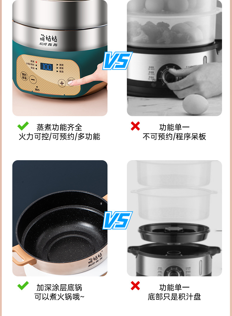 萌姑姑多功能电蒸锅多层蒸笼机械定时智能触摸大容量电热火锅详情4