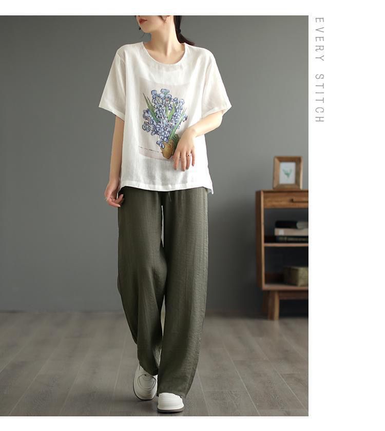 棉麻体恤女短袖2023夏装新款女式上衣宽松复古印花大码女装T恤潮详情14
