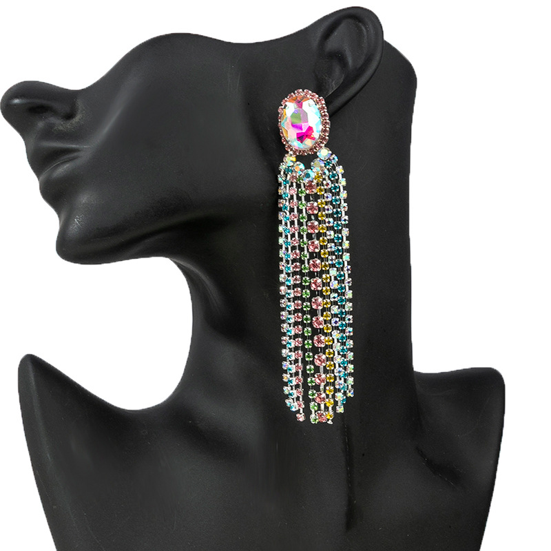 跨境新款多彩水钻流苏长条耳环欧美饰品爪链彩色镶钻耳饰earrings详情6