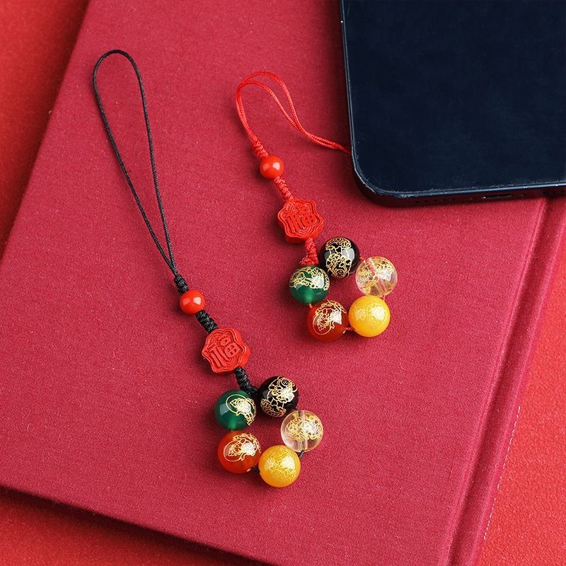 Live-streaming supply: Five Paths of Wealth God mobile phone chain Pendants, cinnabar lucky bag pendants, couple keychains, traditional Chinese style Zen for men and women pic 2