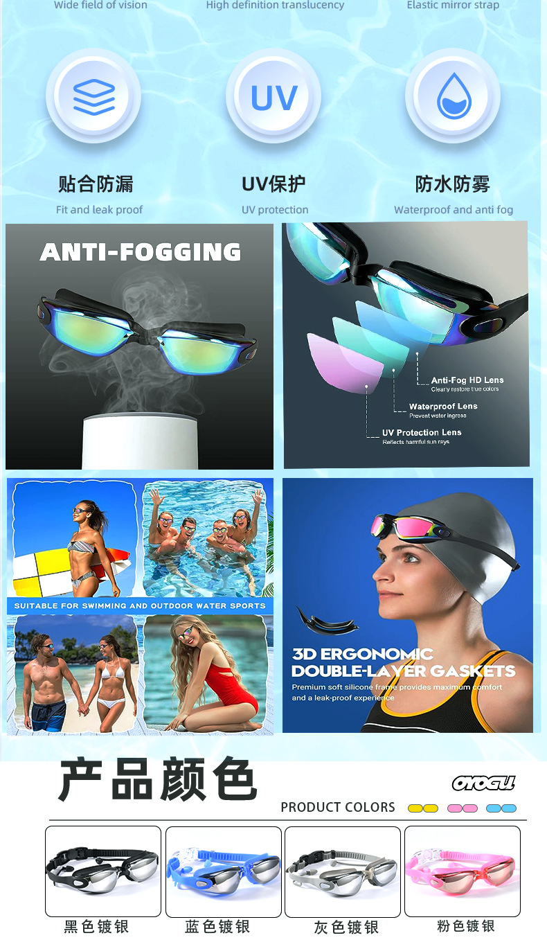 跨境高清泳镜防雾不勒眼硅胶近视眼镜防水游泳装备电镀游泳镜批发详情21