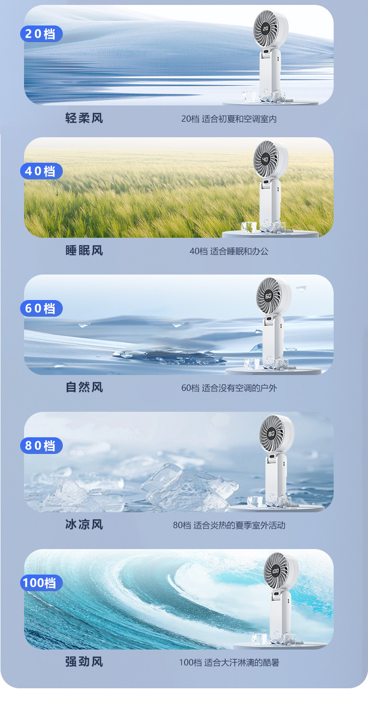 新款跨境折叠数显手持小风扇USB充电小型便携手拿家用电扇大风力详情9