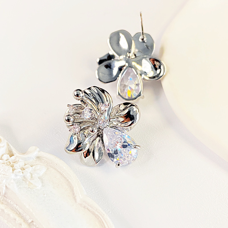 925 Silver Needle Zircon Flower Earrings delicate, brilliant and elegant bow pic 8