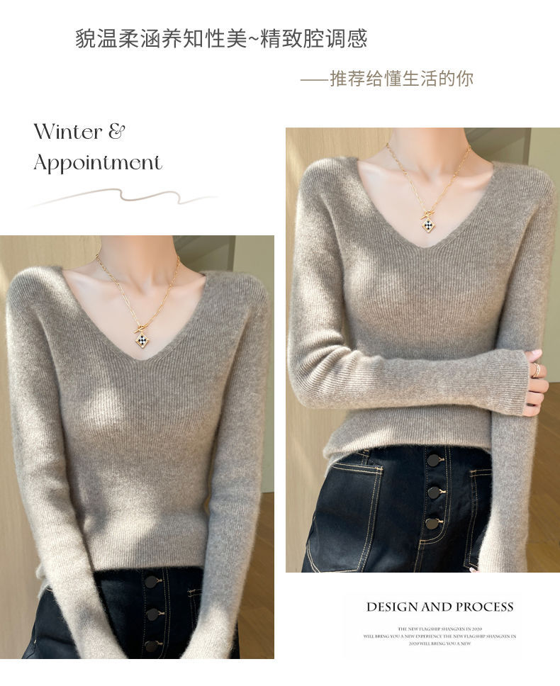 This autumn and winter new style of wool sweater features a V-neck that is slimming and versatile. It is a long-sleeved, casual and elegant sweater with a base layer of knitted sweater for women pic 14
