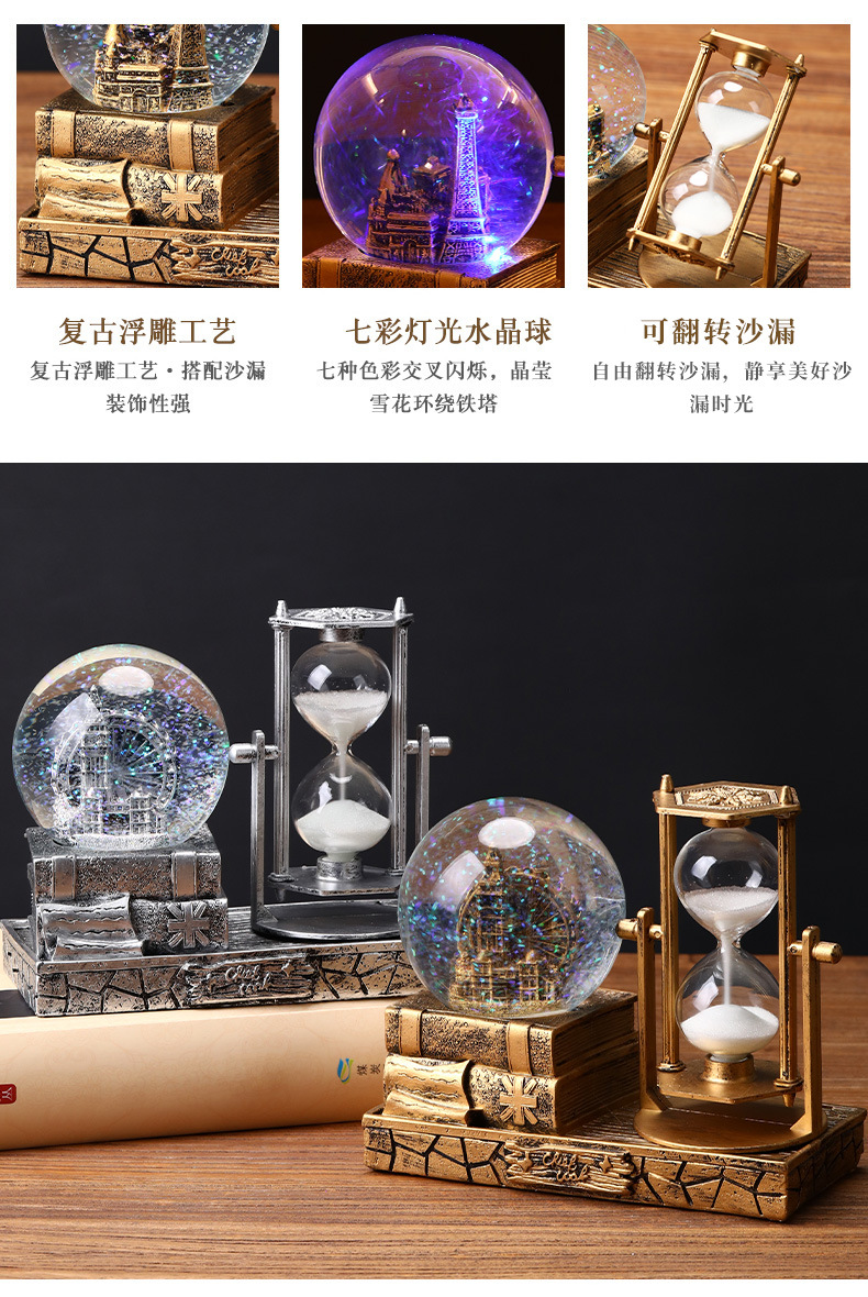 复古铁塔沙漏计时器水晶球八音盒发光桌面摆件学生毕业圣诞节礼物详情5