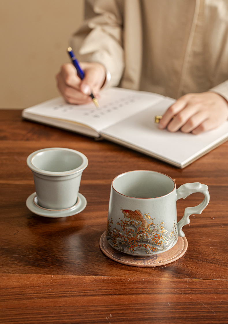 Rongshantang Gilded Ru Kiln office cup, Ceramic belt filter Ru Kiln tea cup, tea-water separation business conference tea cup pic 21