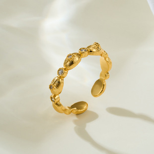 Retro court-style gold brushed petal open ring, copper alloy real gold electroplated with zircon adjustable ring pic 2